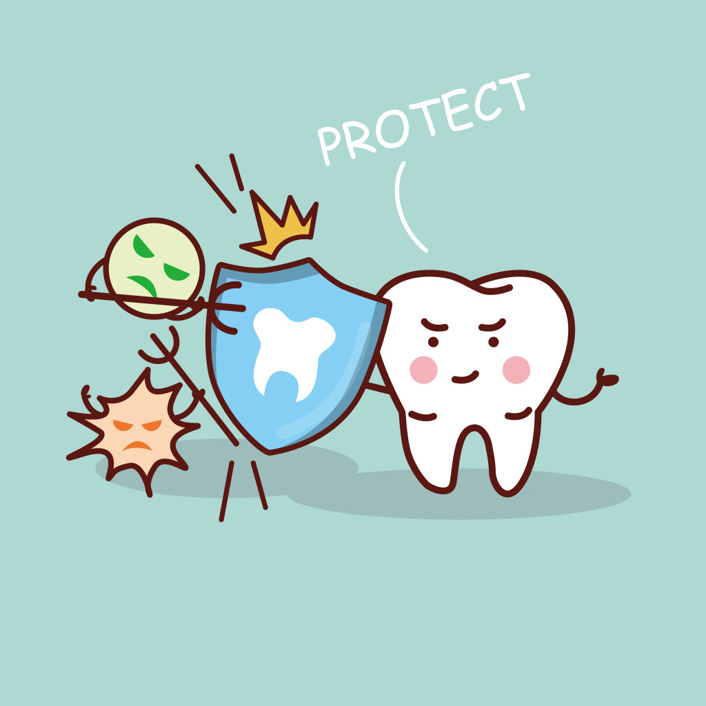 health cartoon tooth with shield
